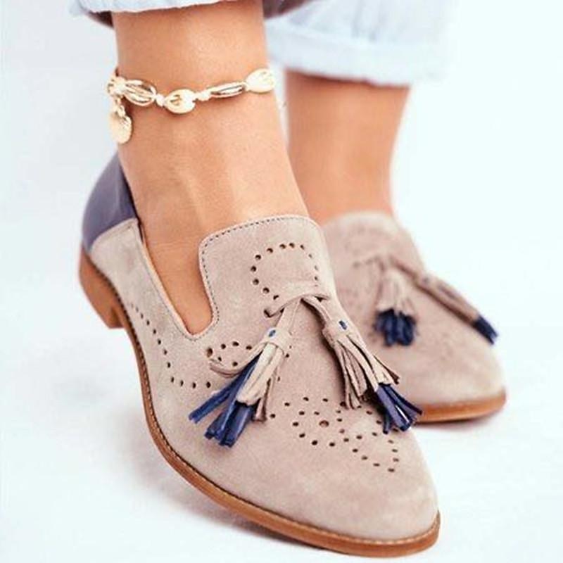 Women's Taupe Suede Tassel Loafers, Two - Tone Perforated Casual Flats for Everyday Comfort2