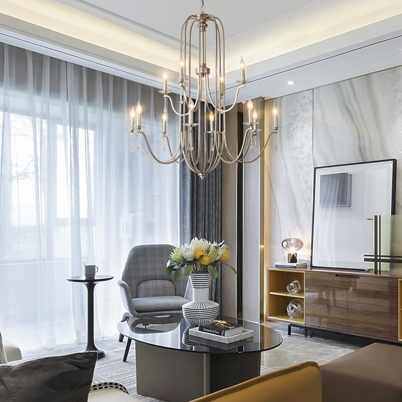 Chandelier for Dining Room Candle Style 6/9/12-Heads Modern Farmhouse Pendant Lighting,9-Light Brushed Candle Ceiling Hanging Fixture for Living Room Bedroom Coffee 110-240V2