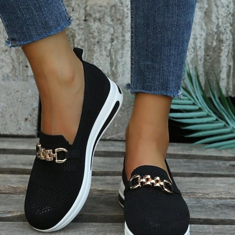 Women's Breathable Knit Slip-On Sneakers - Comfortable Casual Walking Shoes with Chain Detail3