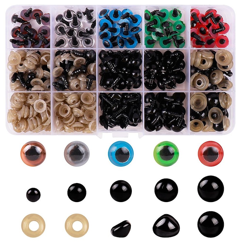 390pcs Plastic Safety Eyes and Noses, Includes Colorful Safety Eyes and Safety Nose with  Washers, Multiple Sizes for Doll, Plush Animal and Teddy Bear Craft Making
