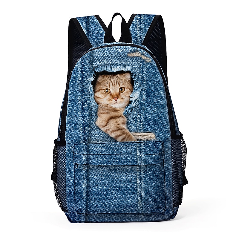 3D Cat Print Denim Backpack for Kids – Cute Animal School Bag with Large Capacity and Fun Design for Boys and Girls4