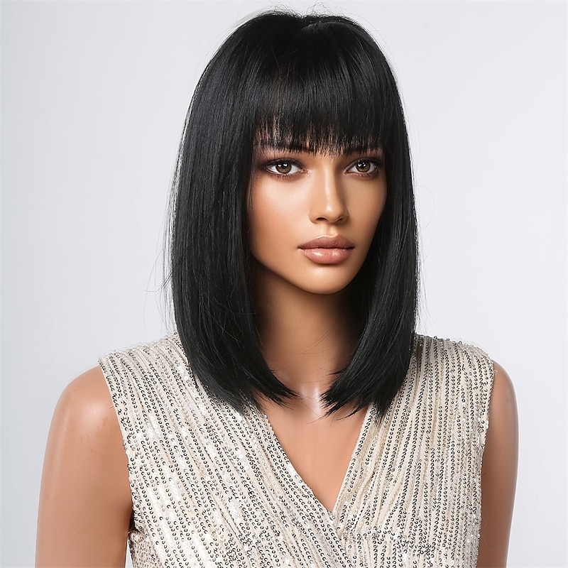 Black Bob Wigs For Women Short Bob Wigs With Bangs Straight Wigs For Daily Use Hair Replacement Natural Hair Looking For Girl Daily Use3