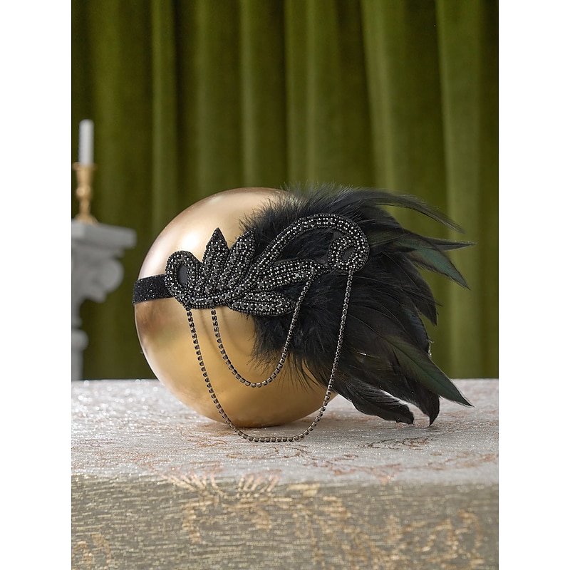 1920s Flapper Headband Feather Accessories Set for Women 4 PCS Roaring 20s Great Gatsby Faux Pearl Necklace Gloves Earrings Masquerade Halloween Carnival4