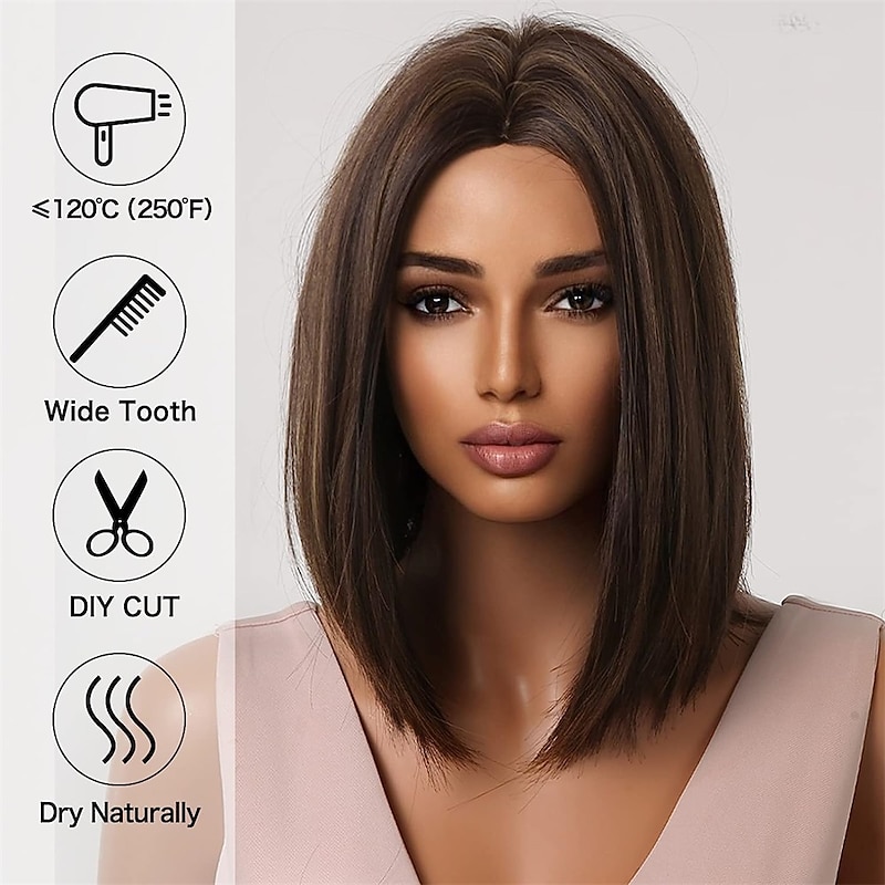 Brown Bob Wigs for Women Blonde Highlights Short Straight Synthetic Hair Middle Part Wig4