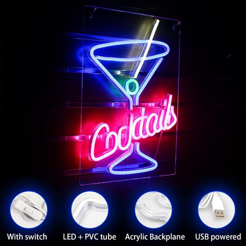 Neon Signs Cocktails LED Sign Blue Cocktail Glass Shaped Neon Light Sign Martini LED Neon Signs Wall Decor Man Cave Neon Bar Signs for Bar Shop Beer Bar Night Club4