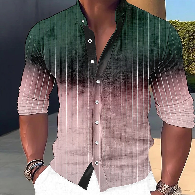 Men's Gradient Striped Geometric Pattern Shirt Button Up Shirt Long Sleeve Fashion Streetwear Designer Outdoor Casual Daily Summer Spring Fall Stand Collar Print Pink Blue Green Khaki Gray4