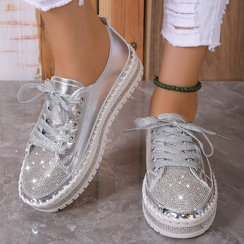 Women's Sneakers Flats Bling Bling Shoes Plus Size Platform Sneakers Party Outdoor Daily Solid Color Summer Rhinestone Flat Heel Round Toe Fashion Casual Minimalism PU Lace-up White Silver 9