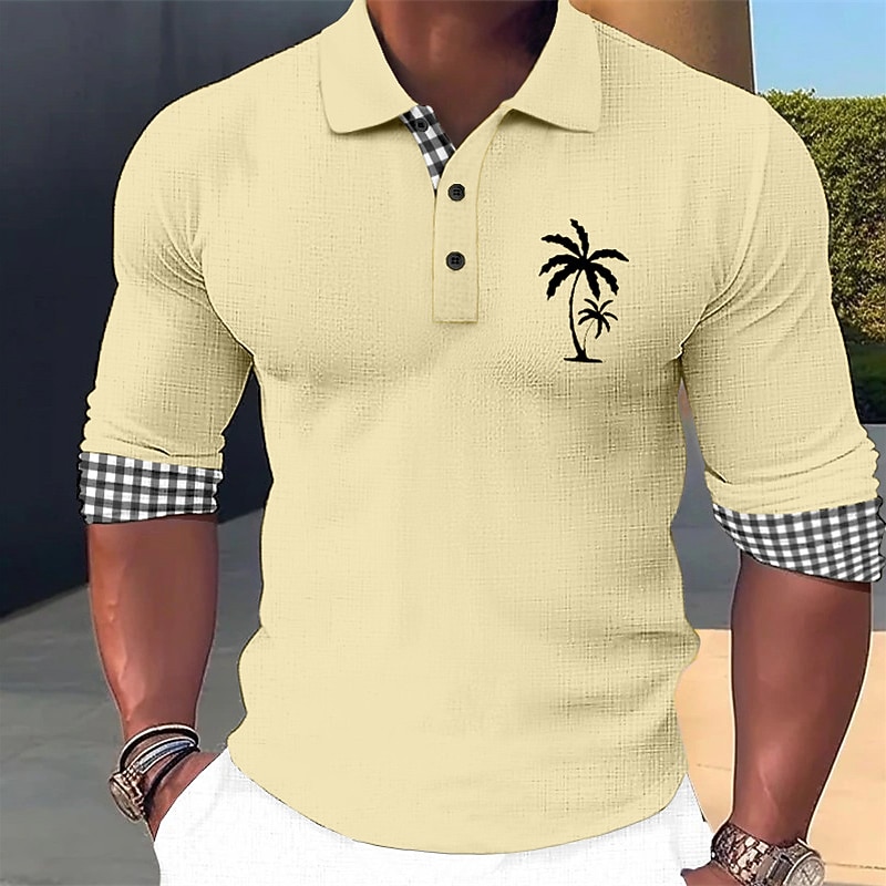 Kentucky Derby Men's Plaid Palm Tree Hawaiian Polo Shirts Golf Shirt Long Sleeve Polo Shirts Collared Shirts Casual Beach Wear Vacation Wear Tropical Wear Party Outfits 3D Print Buttons White Pink4