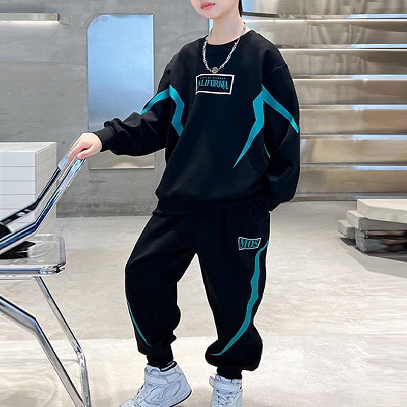 2 Pieces Kids Boys Hoodie & Pants Sweatshirt & Pants Clothing Set Outfit Letter Stripe Long Sleeve Pocket Set School Sports Cool Daily Spring Fall 7-13 Years Black Gray