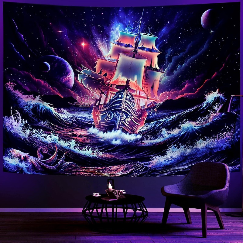 Blacklight Tapestry UV Reactive Glow in the Dark Glow Party Neon Psychedelic Trippy Misty Hanging Tapestry Wall Art Mural for Living Room Bedroom Ocean Wave4