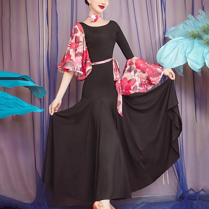 Ballroom Dance Dress Printing Pleats Splicing Women's Performance Party Long Sleeve Polyester Mesh2