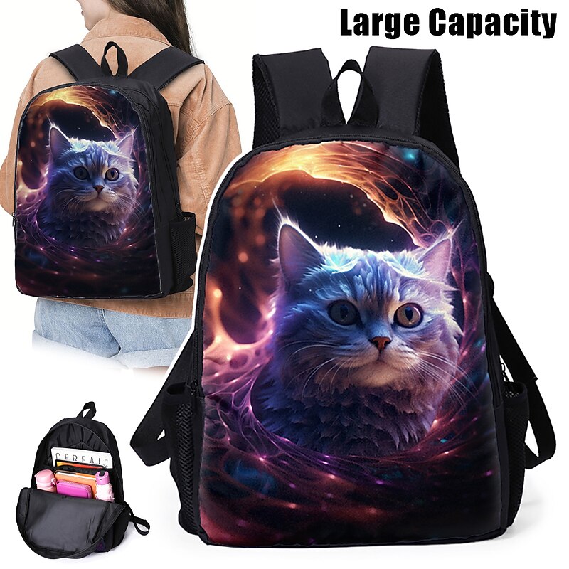Large Capacity Galaxy Cat Backpack with USB Port – Cosmic 3D Animal School Bag with Laptop Compartment for Middle School or Travel Use