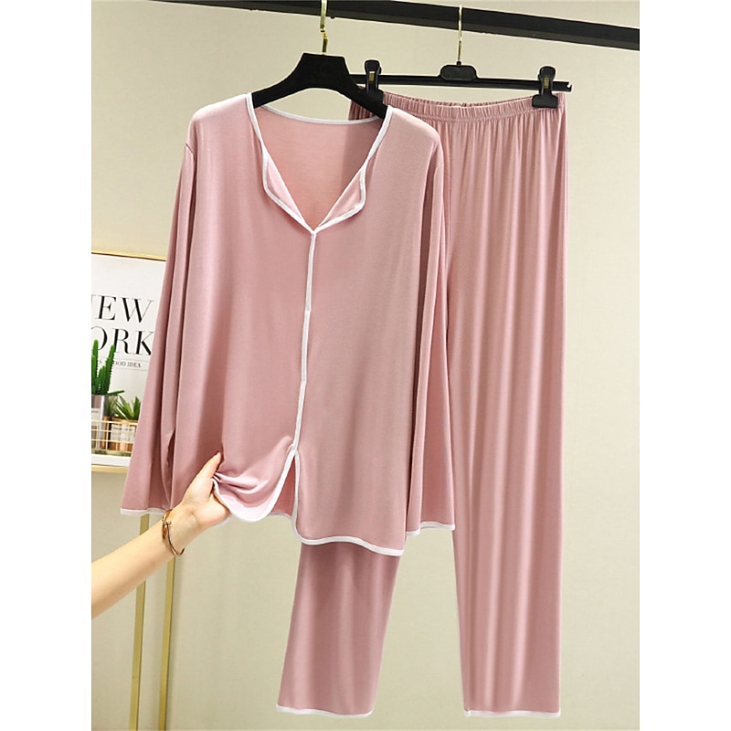 Women's Pajamas Pajama Top and Pant Sets 2 Pieces Pure Color Fashion Casual Soft Home Daily Bed Modal Breathable Lapel Long Sleeve Pant Summer Spring Home Outfits