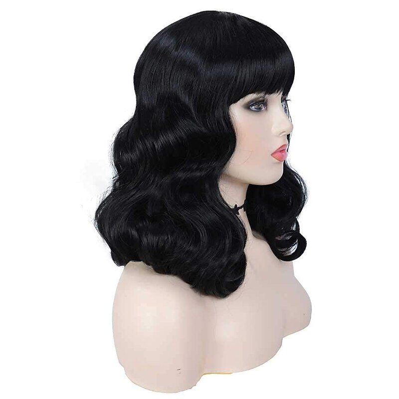 Vintage Wigs for Women Short Black Wig with Bangs Shoulder Length Heat Resistant Short Curly Wigs for Cosplay & Daily Use Halloween Wigs4