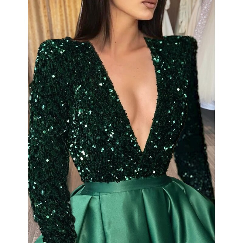 A-Line Evening Gown Sparkle & Shine Dress Formal Wedding Court Train Half Sleeve V Neck Satin with Sequin Slit Masquerade Dress4