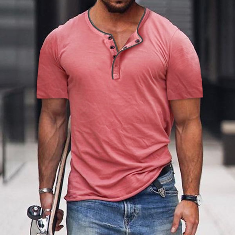 Men's T shirt Tee Henley Shirt Plain Henley Casual Short Sleeve Button-Down Clothing Apparel Classic Casual Esencial