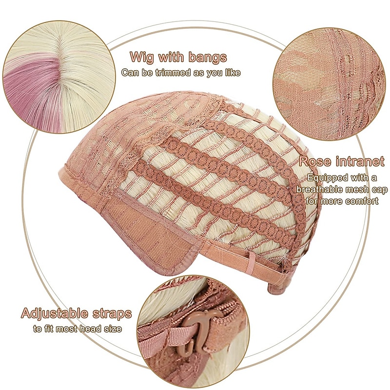 Short Blonde Wig Highlight Pink Wigs With Bangs Women's Blonde Mixed Pink Bob Wig Curly Wavy Synthetic Cosplay Wig Shoulder Length Wig for Girl's Halloween Cosplay Party Wigs4