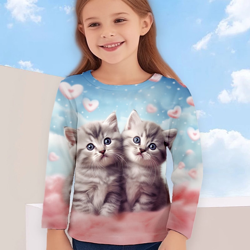Girls' 3D Cartoon Cat Cloud T shirt Tee Long Sleeve 3D Print Summer Spring Fall Active Fashion Cute Kids 3-12 Years Outdoor Casual Daily Regular Fit2