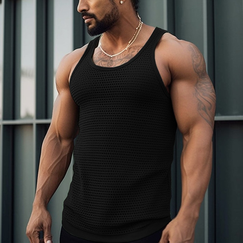 Men's Tank Top Vest Top Undershirt Sleeveless Shirt Sleeveless Crew Neck Summer Plain Fashion Designer Muscle Mesh Outdoor Going out Gym Black White Green Top Tee for Men4