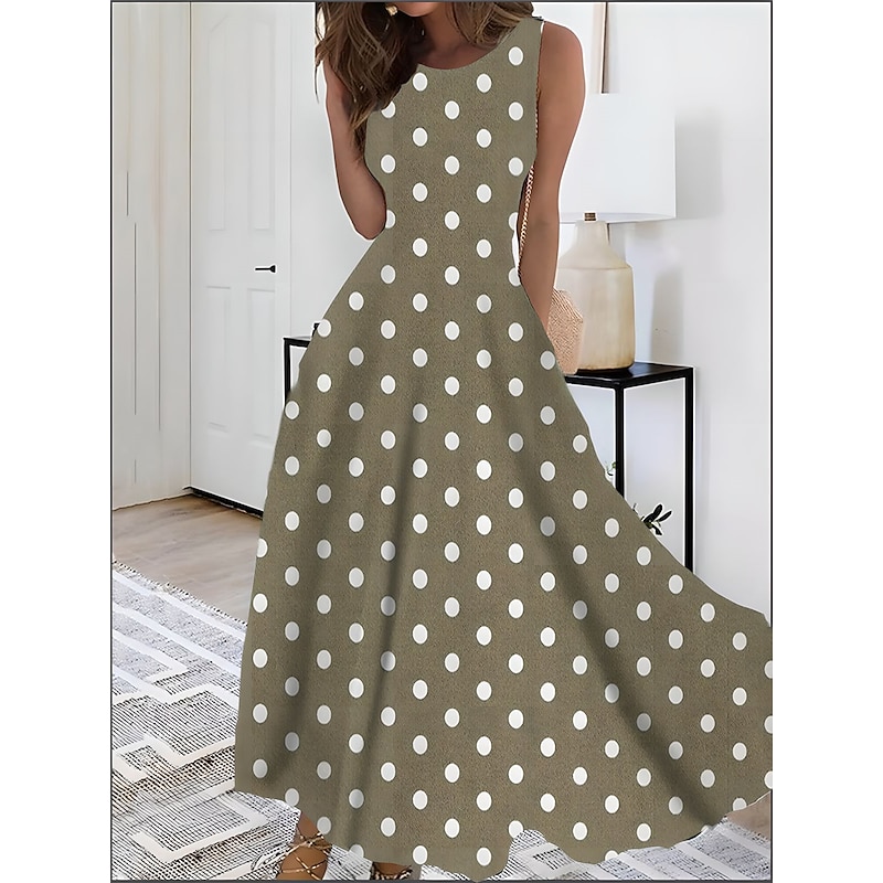 Women's Print Vintage Dress Long Dress Maxi Dress Elegant Polka Dot Crew Neck Sleeveless Daily Date Summer Spring Blue Dark Green2