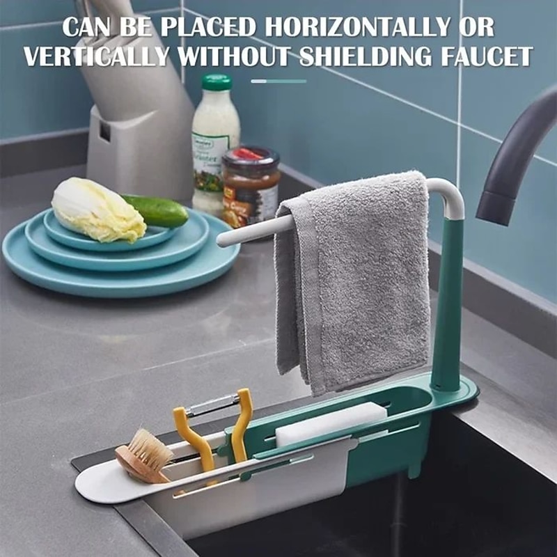 Multifunctional Kitchen Telescopic Rack Adjustable 2-in-1 Sink Organizer, Expandable Sink Basket, Sink Drain Rack, Sink Tray, Sponge Holder+Dish Cloth Hanger Random Color
