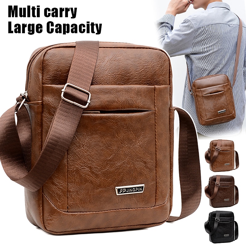 Men's Crossbody Bag Shoulder Bag Satchel PU Leather Outdoor Daily Zipper Large Capacity Waterproof Lightweight Solid Color Yellow brown Black Brown