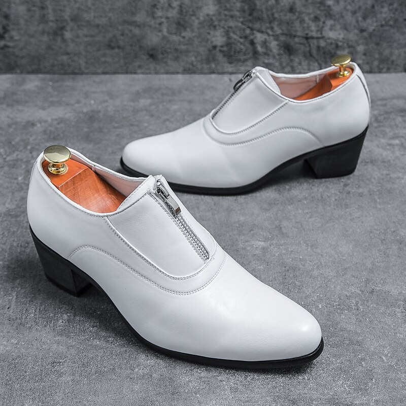Men's White Faux Leather Zipper Oxford Shoes - Pointed Toe Slip-On Formal Dress Shoes with Low Heels for Weddings and Business Events2