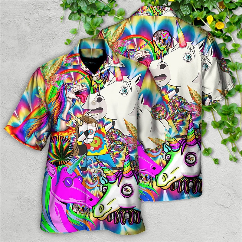 Men's Unicorn Shark Tropical Shirt Summer Hawaiian Shirt Aloha Shirt Short Sleeve Shirt Cuban Collar Sports Fashion Streetwear Outdoor Casual Holiday White Purple S M L3