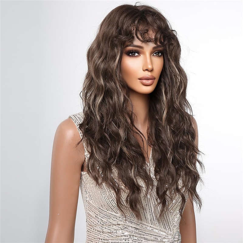 Long Brown Hightlight Curly Wigs For Black Women Brown Mixed Blonde Water Wave Wig With Bangs Natural Looking3