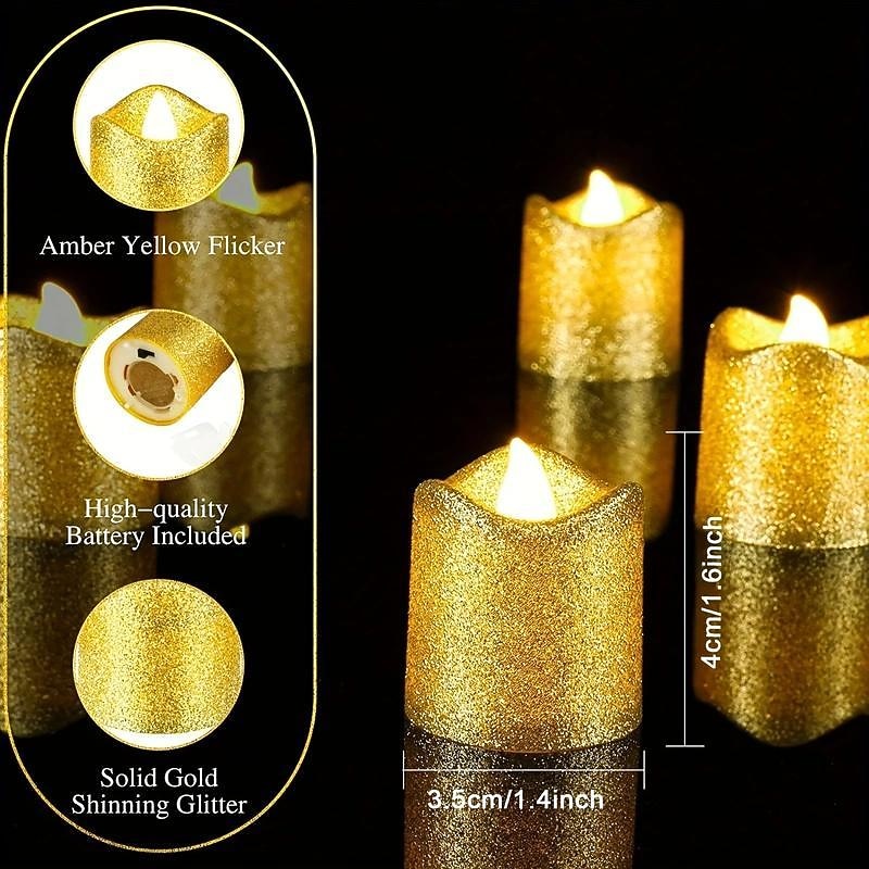 12pcs Flickering Flameless Candles Light Shiny Glitter Votive Candles LED Tea Lights Decoration for Christmas/Halloween Holidays Wedding Outdoor Table Party Festival3