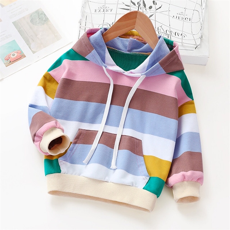 Kids Girls' Hoodie Rainbow Stripe Long Sleeve Pocket Spring Fall Cute Streetwear Daily Cotton Outdoor Casual Regular Fit3