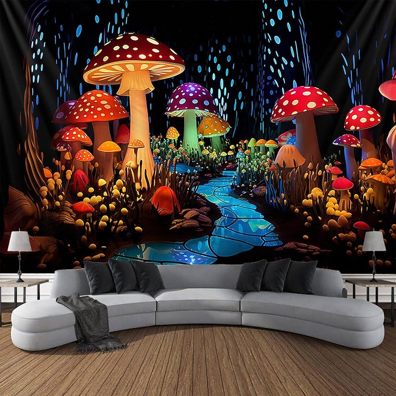Mushroom Fantasy Blacklight Tapestry Glow in the Dark Glow Party UV Reactive Trippy Misty Nature Landscape Hanging Tapestry Wall Art Mural for Living Room Bedroom4