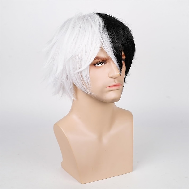 Unisex Anime Short Black and White Cosplay Wig With Bangs Heat Resistant Hair for Party Carnival Costume3