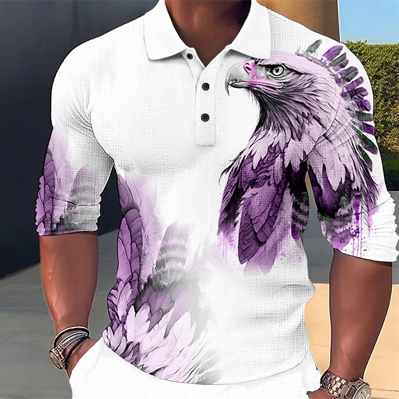 Men's Eagle Polo Shirts Golf Shirt Long Sleeve Polo Shirts Collared Shirts Casual Funny Streetwear Vacation Wear Party Outfits 3D Print Buttons Yellow Blue Purple4