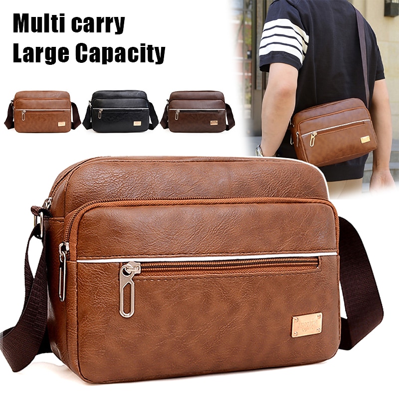 Men's Crossbody Bag Shoulder Bag Satchel Messenger Bag PU Leather Outdoor Daily Zipper Large Capacity Lightweight Durable Solid Color dark brown Yellow brown Black