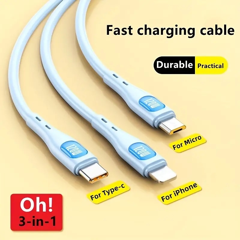 3 In 1 Design For Mac 120W USB C Multi Fast Charging Cable 3in1 Multiple Phone Charger Cable USB C Multi Cable With Type C/Micro USB/IP For Samsung S23 S22 S21 For IPhone 14 13 12 11 X XS 8 7 Pad4