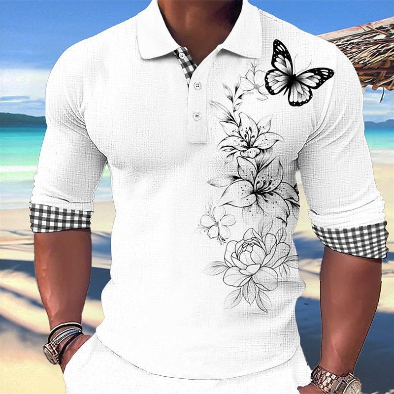 Kentucky Derby Men's Butterfly Hawaiian Polo Shirts Golf Shirt Long Sleeve Polo Shirts Collared Shirts Casual Beach Wear Vacation Wear Party Outfits 3D Print Buttons White Pink Blue
