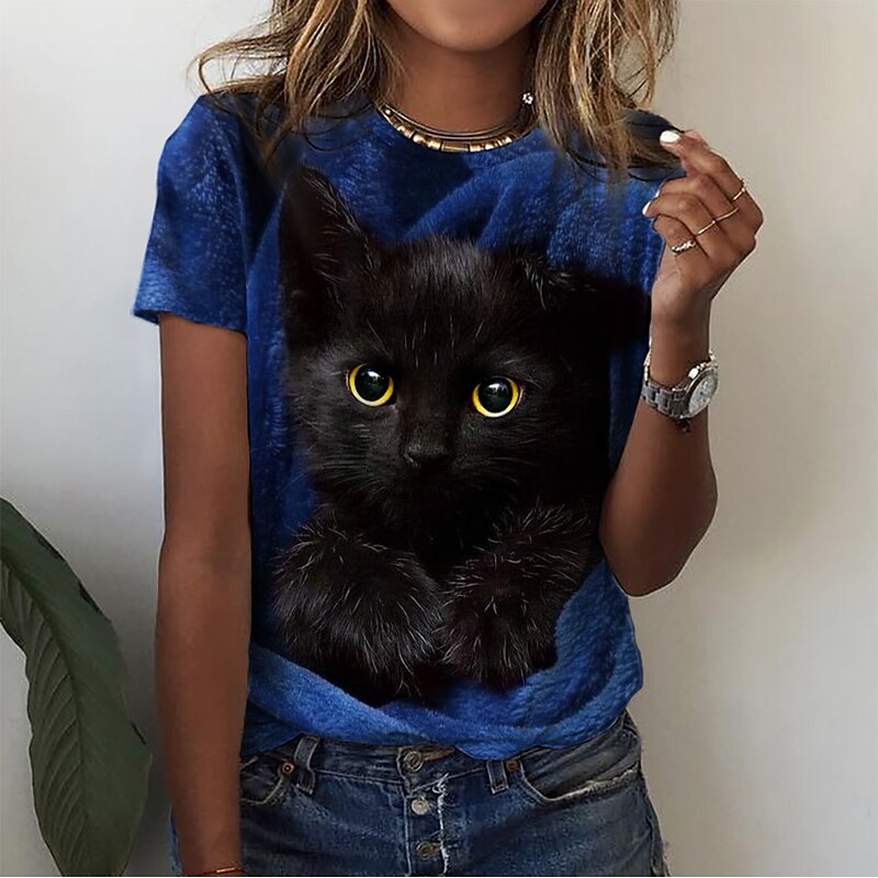 Women's T Shirt Basic Cat Print Short Sleeve Regular Tops Round Neck Daily Weekend Red Blue Purple Green Gray2