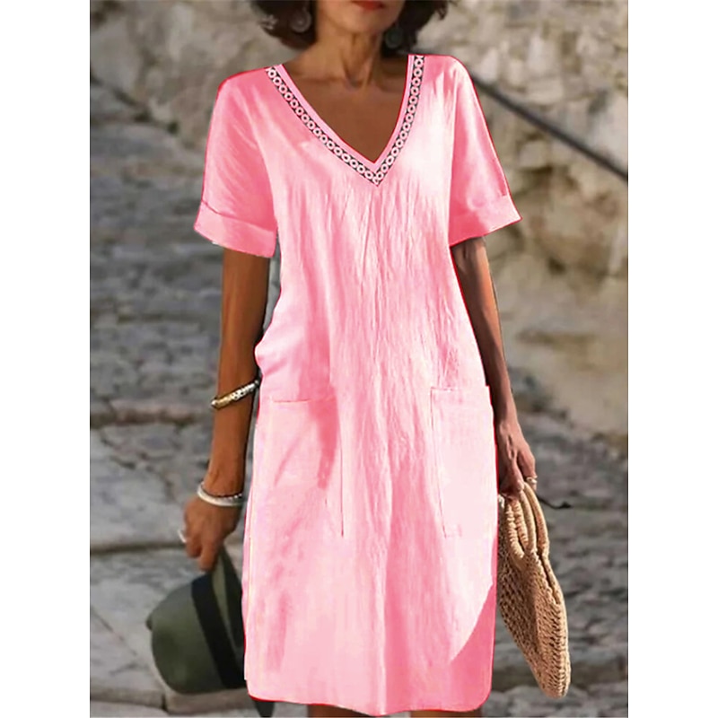 Women's Black White Pink Summer Spring Midi Dress Linen-Inspired Dresses White Dress Casual Dress Classic Modern Casual Outdoor Vacation Daily Loose Fit Plain V Neck4