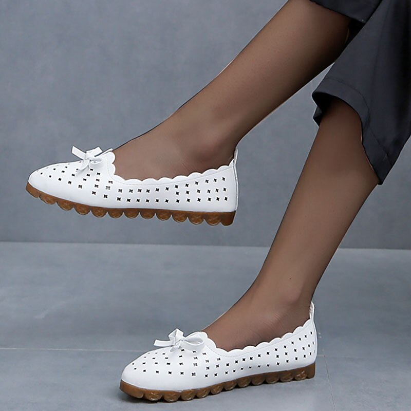 Women's White Foldable Loafers - Breathable Perforated Flats with Bow Detail, Soft Sole, Casual Comfort Shoes for Work, Travel, and Daily Wear3