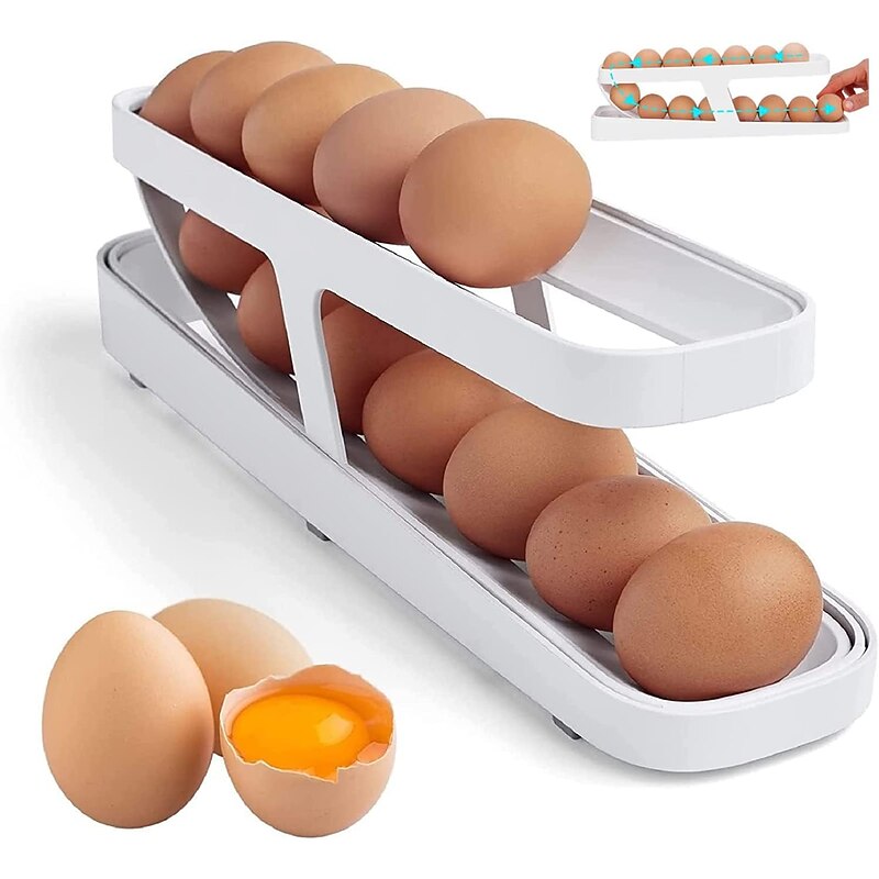 Egg Dispenser, Automatic Roll-on 2-Tiers Egg Trays, Egg Storage Box For Refrigerator, Plastic Egg Basket, Egg Fresh-Keeping Organizer, Kitchen Storage Accessories