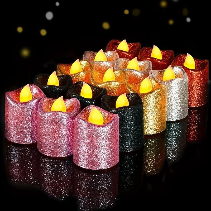 12pcs Flickering Flameless Candles Light Shiny Glitter Votive Candles LED Tea Lights Decoration for Christmas/Halloween Holidays Wedding Outdoor Table Party Festival