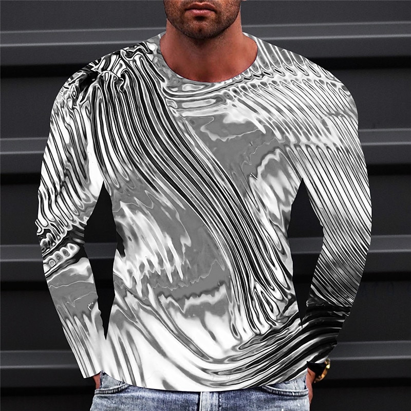 Men's Graphic Optical Illusion Metallic Shirt T Shirt Long Sleeve T shirt 3D Print Crew Neck Shirt Vintage Fashion Designer Outdoor Daily Sports Yellow Purple Green Spring &  Fall Clothing Apparel S4
