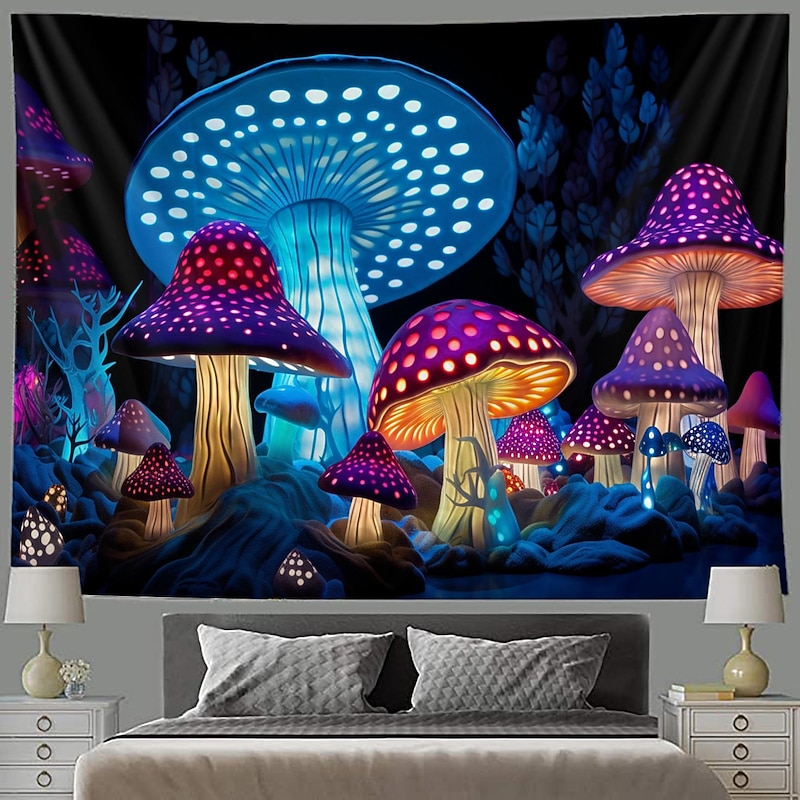 Mushroom Fantasy Blacklight Tapestry Glow in the Dark Glow Party UV Reactive Trippy Misty Nature Landscape Hanging Tapestry Wall Art Mural for Living Room Bedroom3