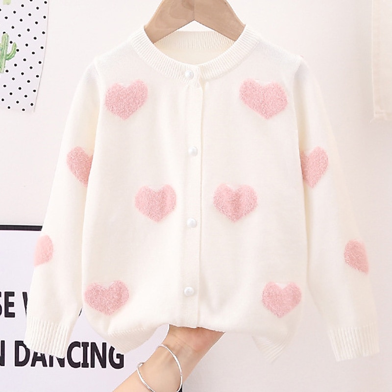 Kids Girls' Sweater Coat Heart Fashion Buttons Outdoor Coat Outerwear 2-8 Years Spring White Pink Red2