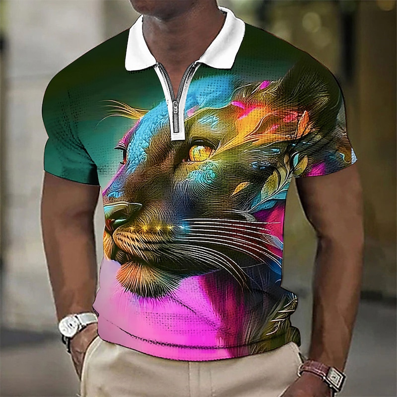 Men's Animal Leopard Graphic Prints Waffle Polo Shirts Polo Shirts Zip Polo Golf Shirt Short Sleeves Shirt Turndown Outdoor Street Black Yellow Blue Purple Green Zipper Print Clothing Apparel Fashion