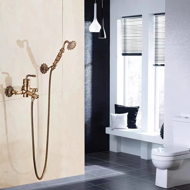 Shower Faucet Set Wall Mounted Vintage Brass, Shower System Handheld Sprayer, with Tub Spout Cold and Hot Hose2