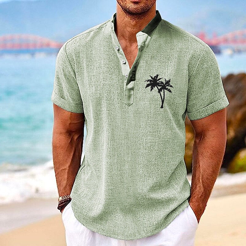 Men's Shirt Linen Shirt Beach Shirt Coconut Tree Outdoor Vacation Black Green Khaki Gray Short Sleeve Stand Collar Summer Spring Clothing Apparel Print4