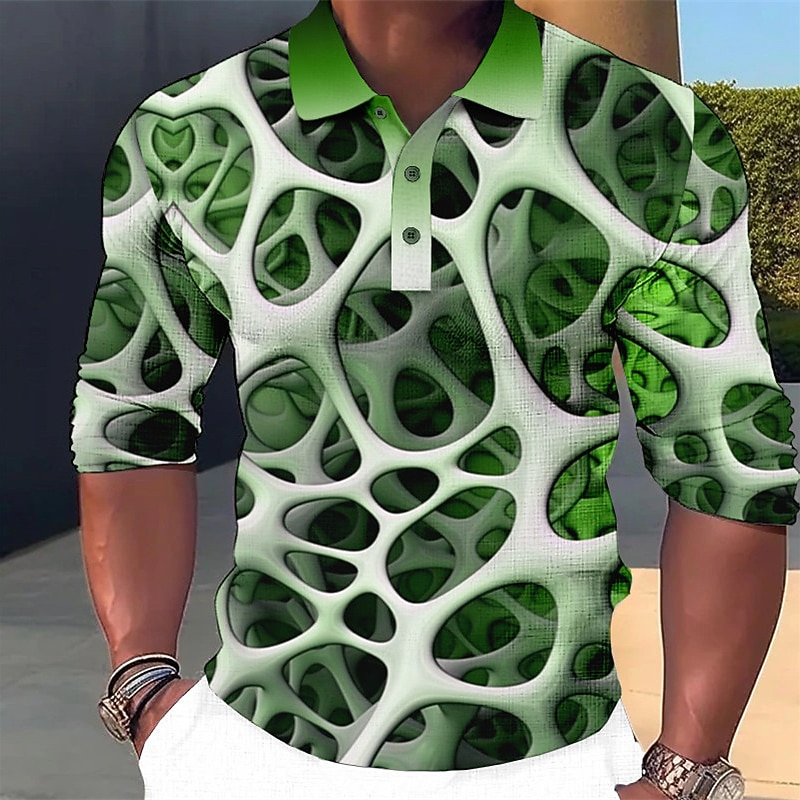 Men's Graphic Polo Shirts Golf Shirt Long Sleeve Polo Shirts Collared Shirts Casual Vacation Wear Rave Wear Party Outfits 3D Print Buttons Light Green Wine Blue3