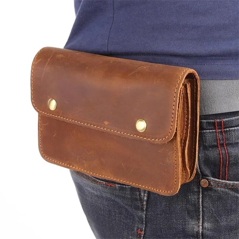Men's Fanny Waist Bag Crazy Horse Genuine Leather Waist Packs Belt Loop Hip Hook Bum Bag Handmade Travel Small Phone Waist Pouch2